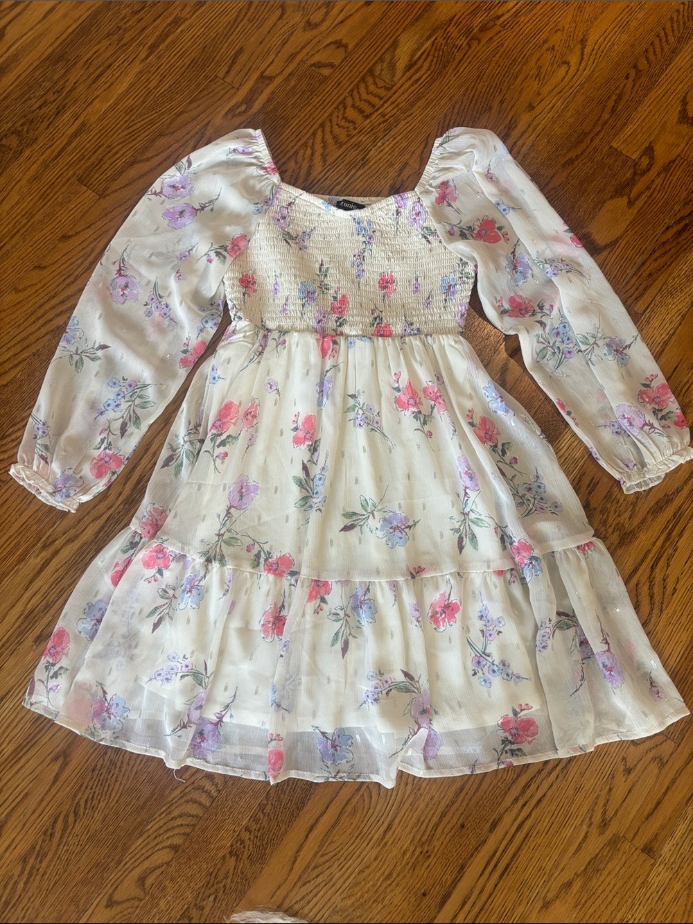 Zunie Off-White Floral Smocked Long-Sleeve Dress with Pink & Purple Blooms